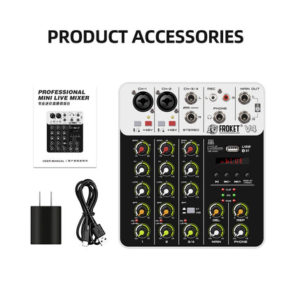 V4 Audio Interface Mixer with Bluetooth USB Recording Computer 48V Phantom Power Delay Replay Effects, 4-Channel Audio Mixer