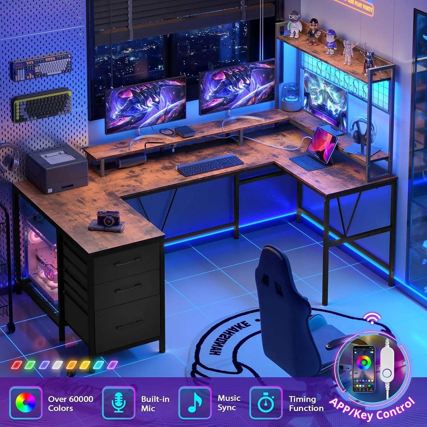 Gaming Desk with Hutch, 98.4in Reversible L Shaped Computer Desk with Power Outlets, Home Office Desk LED Light, Monito - MarvelouStoree