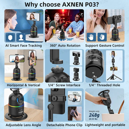 AXNEN AI P03 Smart Gimbal 360 Auto Face Tracking All-in-one Rotation for Smartphone / Cameras / Action Cam Video Vlog Recording