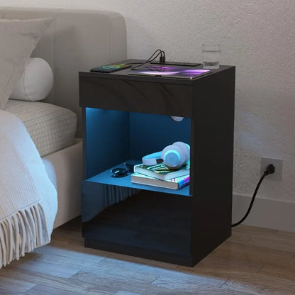 Open Shelf LED Nightstand with Charging Station 2 Drawers Bedside Table Black Night Stand with Storage Smart Nightstands