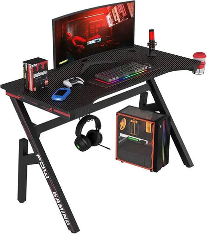 47 Inch Home Office Desk Extra Large Modern Ergonomic PC Carbon Fiber Table Gamer Workstation with Cup Holder Headphone Hook - MarvelouStoree