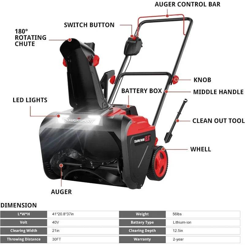 PowerSmart 40V MAX Cordless Snow Blower 21-Inch with 4.0Ah Battery and Charger (HB2421A) - MarvelouStoree