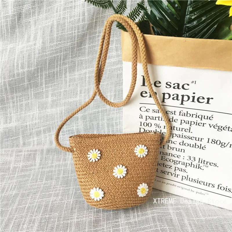 Summer Children's Straw Woven Messenger Bag Lovely Girls Small Coin Purse Handbags Baby Kids Mini Shoulder Bags Princess Wallet