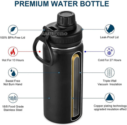 1000ml Stainless Steel Vacuum Insulated Sports Water Bottle with 100% Leak-Proof Travel Lid, w/Paracord Survival Handle, 32 oz