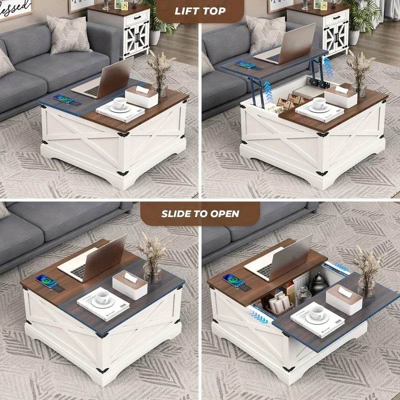 Farmhouse Square Coffee Table, Lift Top Coffee Table with Wireless Charging Station, Coffee Table with Large Hidden Storage - MarvelouStoree