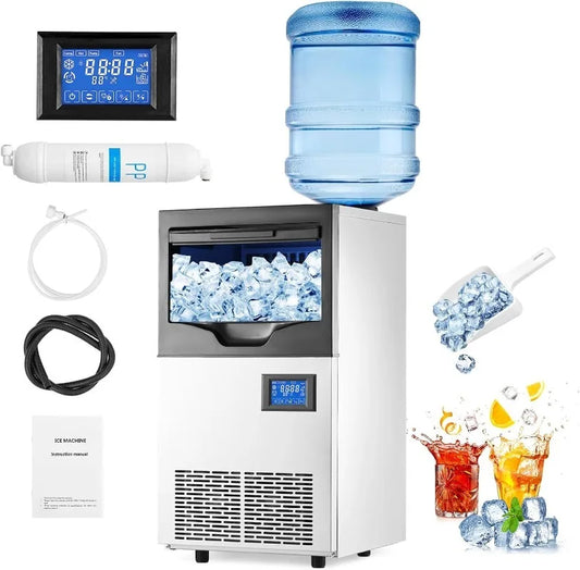 Commercial Ice Maker Machine, 140Lbs/24H, 22Lbs Storage Bin, 2-Way Add Water, 0.9Inch Thick Ice Cube Ice Machine Automatic