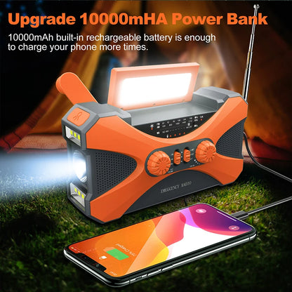 Emergency Flashlight Torch 10000mAh Power Bank Rechargeable Radio Hand Crank Solar USB AM/FM/NOAA Weather Radios Home Outdoors