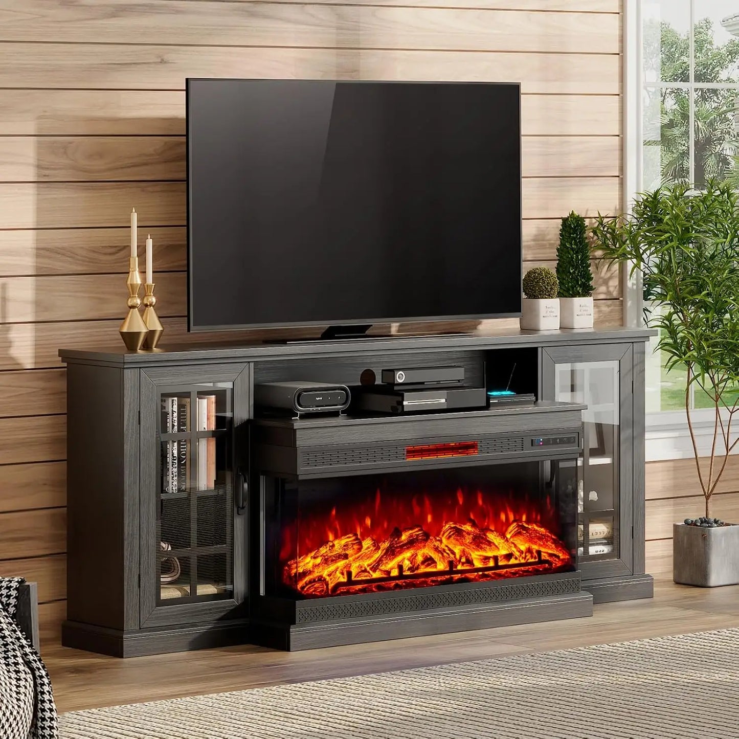 36 Inch 3-Sided Glass Fireplace TV Stand for TVs up to 80", Rustic Media Entertainment Center Console Table with Storage