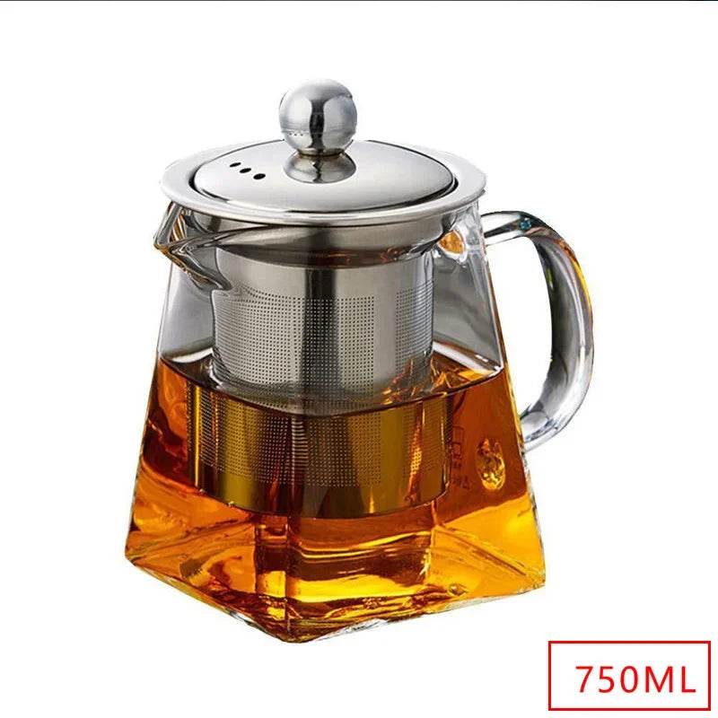 Heat Resistant Glass Teapot With Stainless Steel Coffee Infuser Heated Container Tea Pot Good Clear Kettle Square Filter Baskets - MarvelouStoree