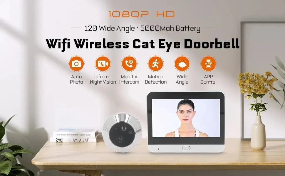 4.3 Inch Tuya Wide Angle Door Peephole Camera One Way Intercom Video Eye Motion Detection Wifi Doorbell Camera 5000mAh Battery