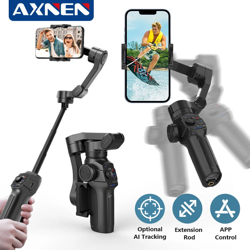 AXNEN HQ4 Smartphone Stabilizer Built-in Selfie Stick, Handheld 3-Axis Phone Gimbal for iPhone Pro Max Android Mobile CellPhone