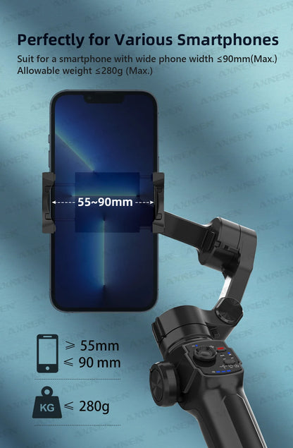 3-Axis Gimbal Stabilizer for Smartphone, Built-In Extension Rod,Portable and Foldable, for iPhone Android Phone Vlog Live Video