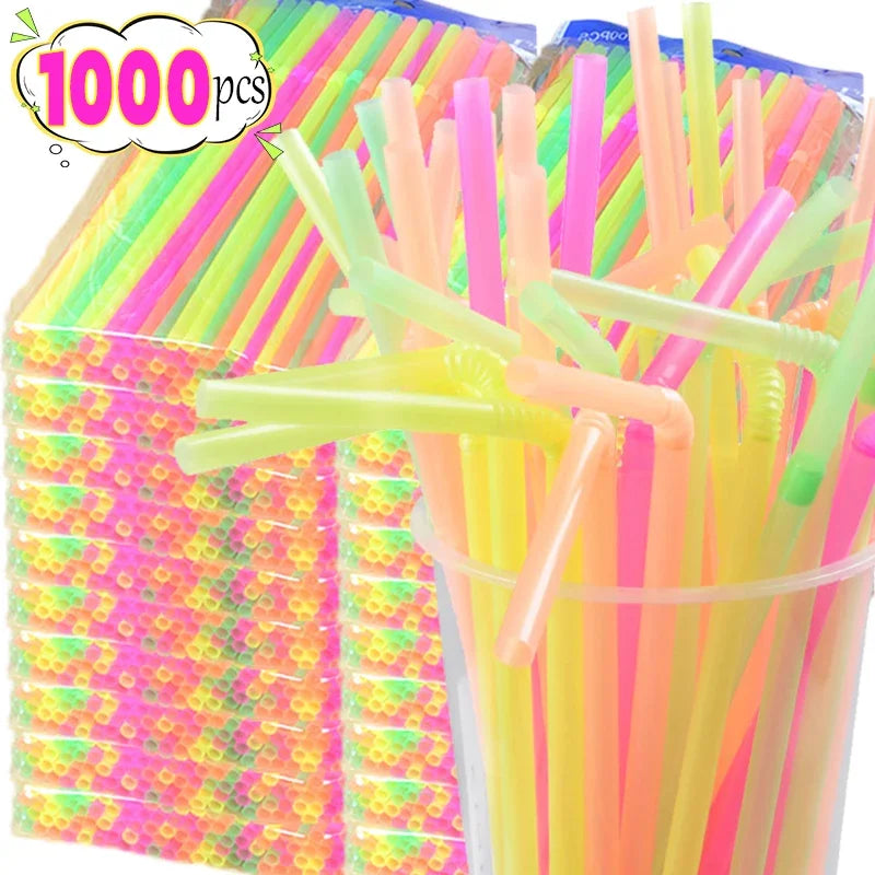 100/1000Pcs Colorful Drinking Plastic Straws Flexible Milk Bubble Tea Disposable Straw Wedding Party Kitchen Bar Drinks Supplies