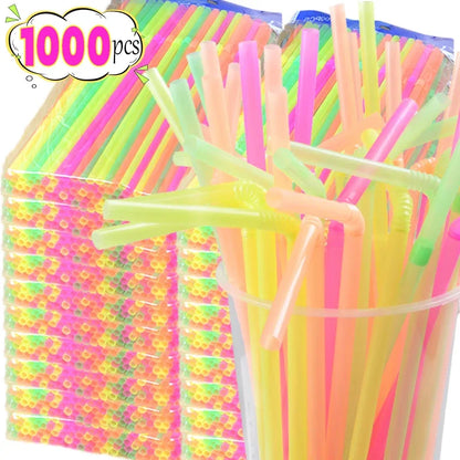 100/1000Pcs Colorful Drinking Plastic Straws Flexible Milk Bubble Tea Disposable Straw Wedding Party Kitchen Bar Drinks Supplies