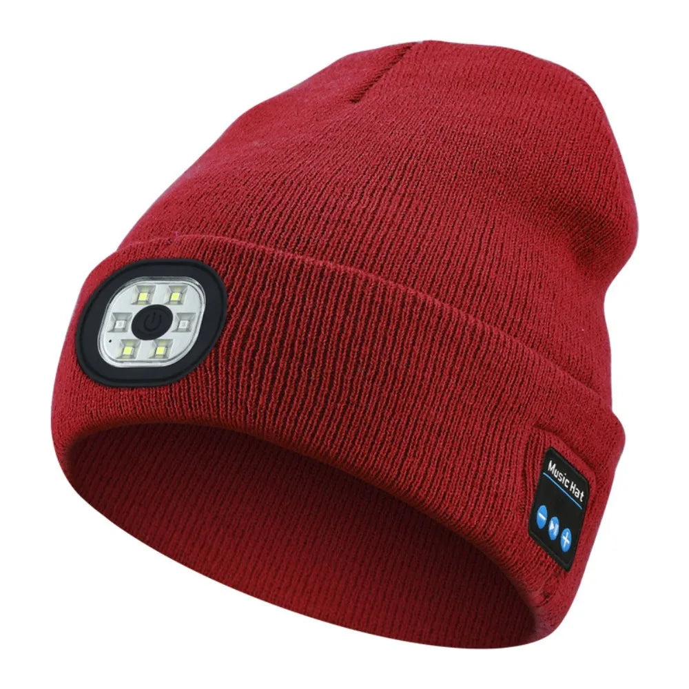 Bluetooth LED Light Woolen Hat Removable Rechargeable Music Warm Beanie With Button Battery Warning Light