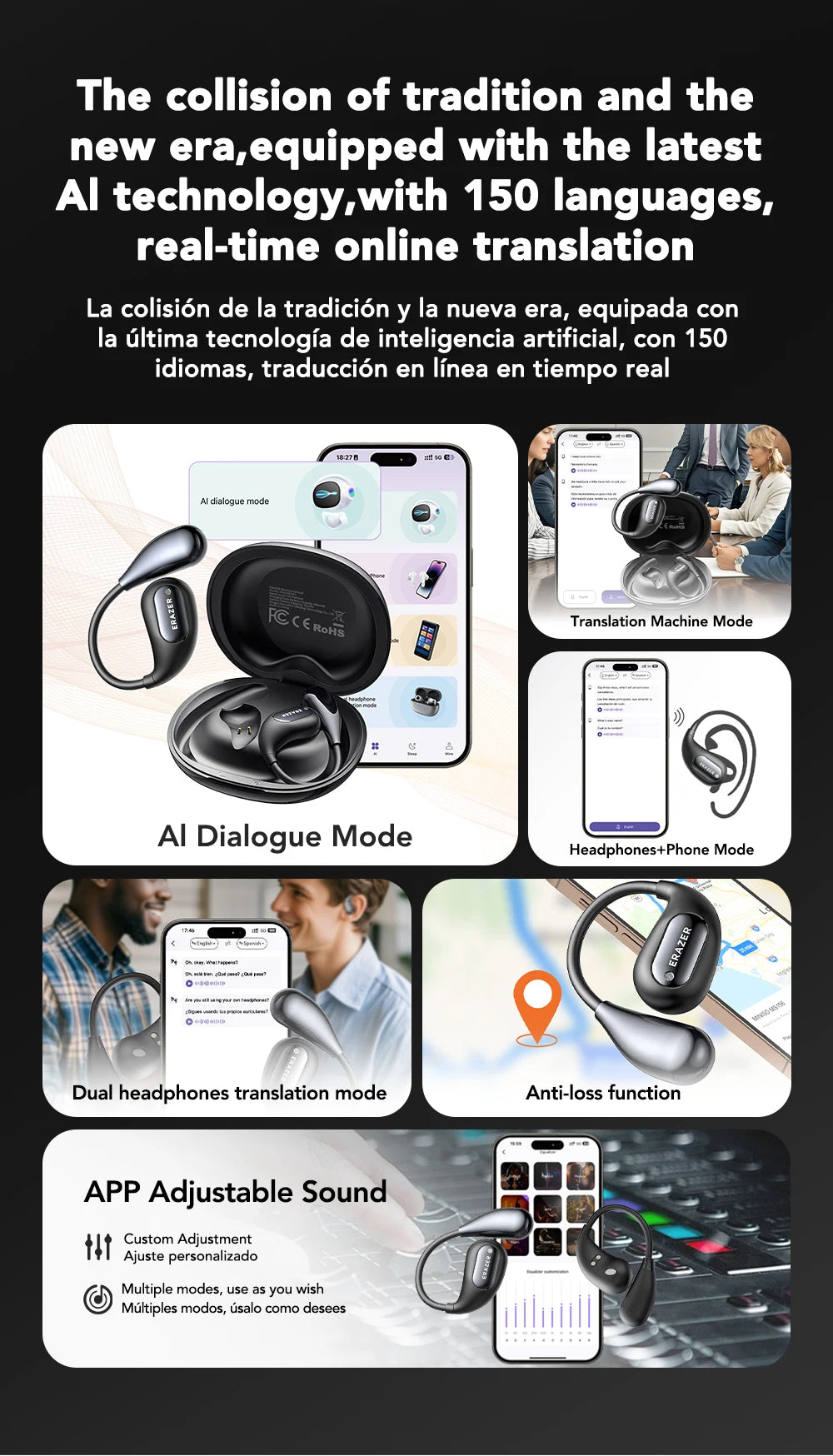 [AI Earphone] Bluetooth Earphones ERAZER XP7 Wireless Headphones ASMR Headset Equalizer APP AI Translator Earbuds Lightweight