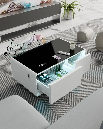 Living Room Table with Built in Fridge and Speakers, Smart Table with 15W Wireless Charging, USB Chargers and 110V Outlets