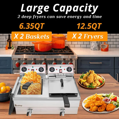 24.9QT Capacity Electric Deep Fryer with Time Control & Oil Filtration, Countertop Dual Tank Fryers w/Drain & Temperature