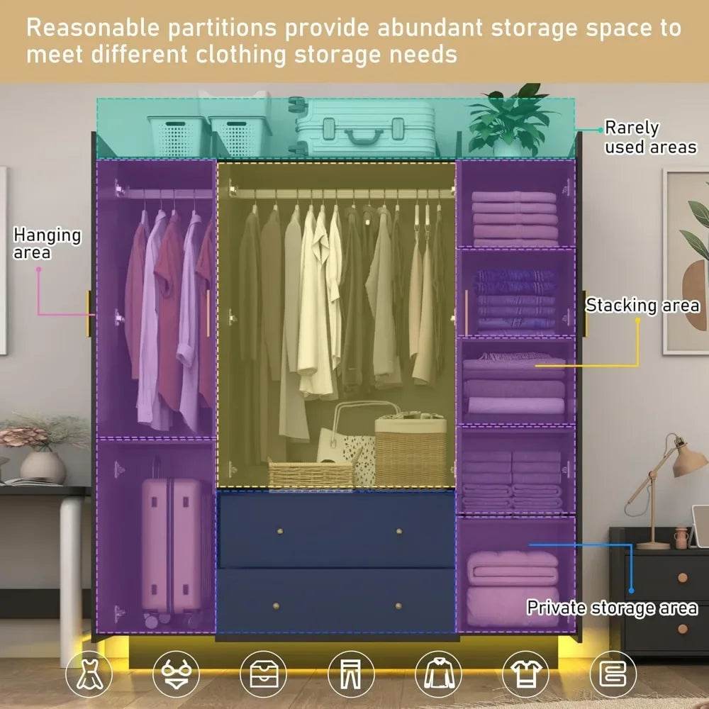 Wardrobe Closet with Mirrors and LED Lights, Bedroom Armoire with Drawers and Shelves, Modern Wooden Armoire Wardrobe - MarvelouStoree