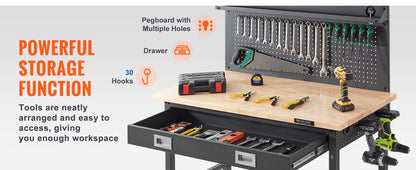 Workbench Adjustable Height 28-39.5" Work Bench for Garage Oak Plank & Carbon Steel Heavy Duty Workbench 2000lbs Weight Capacity