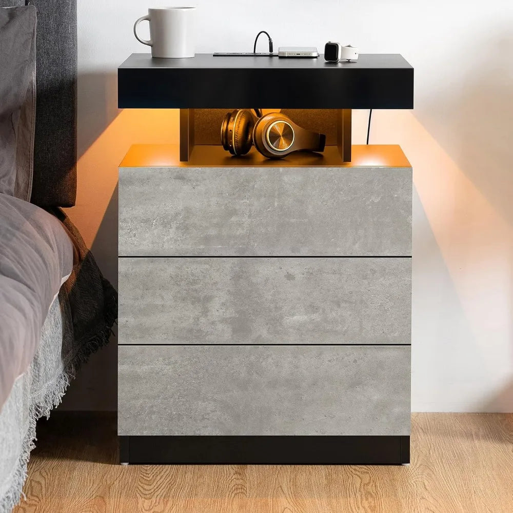 Set of 2LED with Wireless Charging Station Concrete Gray Matte Bedside Table with Led Light Smart Nightstand USB Port 3 Drawers