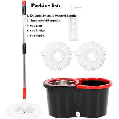 360° Spin Mop Bucket Sets with Wring System in 3 Microfiber Heads, Stainless Steel Basket 61" Extended Handle Floor Cleaning