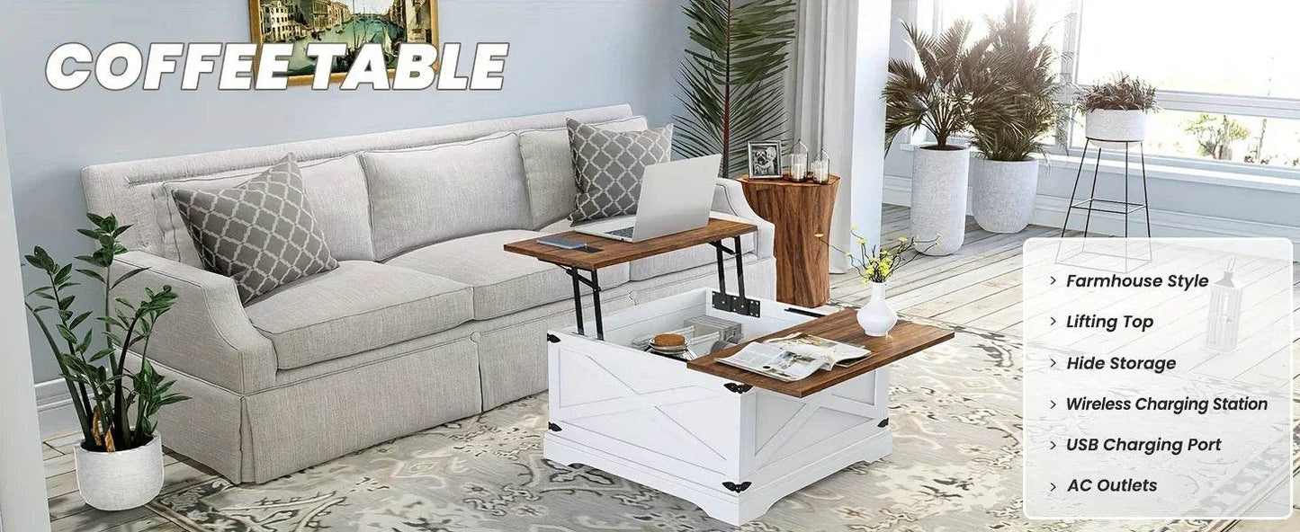 Farmhouse Square Coffee Table, Lift Top Coffee Table with Wireless Charging Station, Coffee Table with Large Hidden Storage - MarvelouStoree