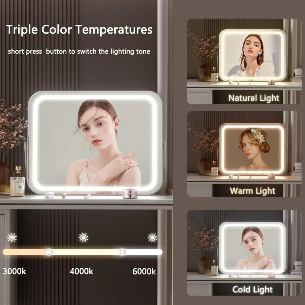 Vanity Mirror with Lights, 14" x 11" LED Makeup Mirror, 3 Modes Light, Smart Touch Control Dimmable, 360°Rotation, White Frame