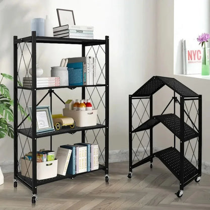 One-Second Foldable Storage Racks Folding Kitchen Organizer Shelf Standing Multi-Layer Storage Rack Movable Organizing Shelves