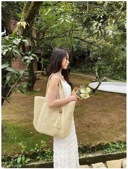 Elegant Ladies Straw Woven Handbag Women Holiday Beach Commute Casual Tote Top-Handle Bags Fashion Retro Shoulder Bags 2024