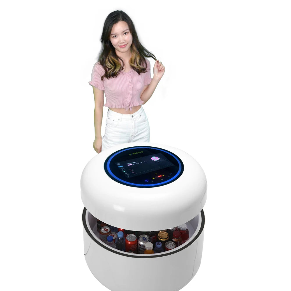 Dropshipping Round Shape Touch Screen Blue-tooth Speaker LED Light Lift Top Smart Coffee Table With Refrigerator For Balcony