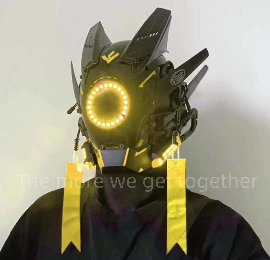 Cyberpunk Mask, Halloween Cosplay Costume Black Full Face Mask, Futuristic Techwear Helmet LED Light, Punk Knight