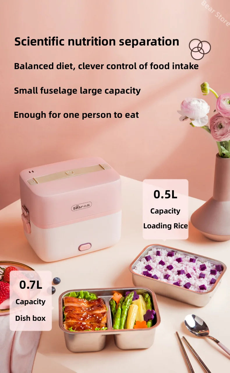 Bear Double-layer Electric Heating Lunch Box Portable Small Bento Heat Food Quickly Steamed Rice Cooked Vegetables Working Meal