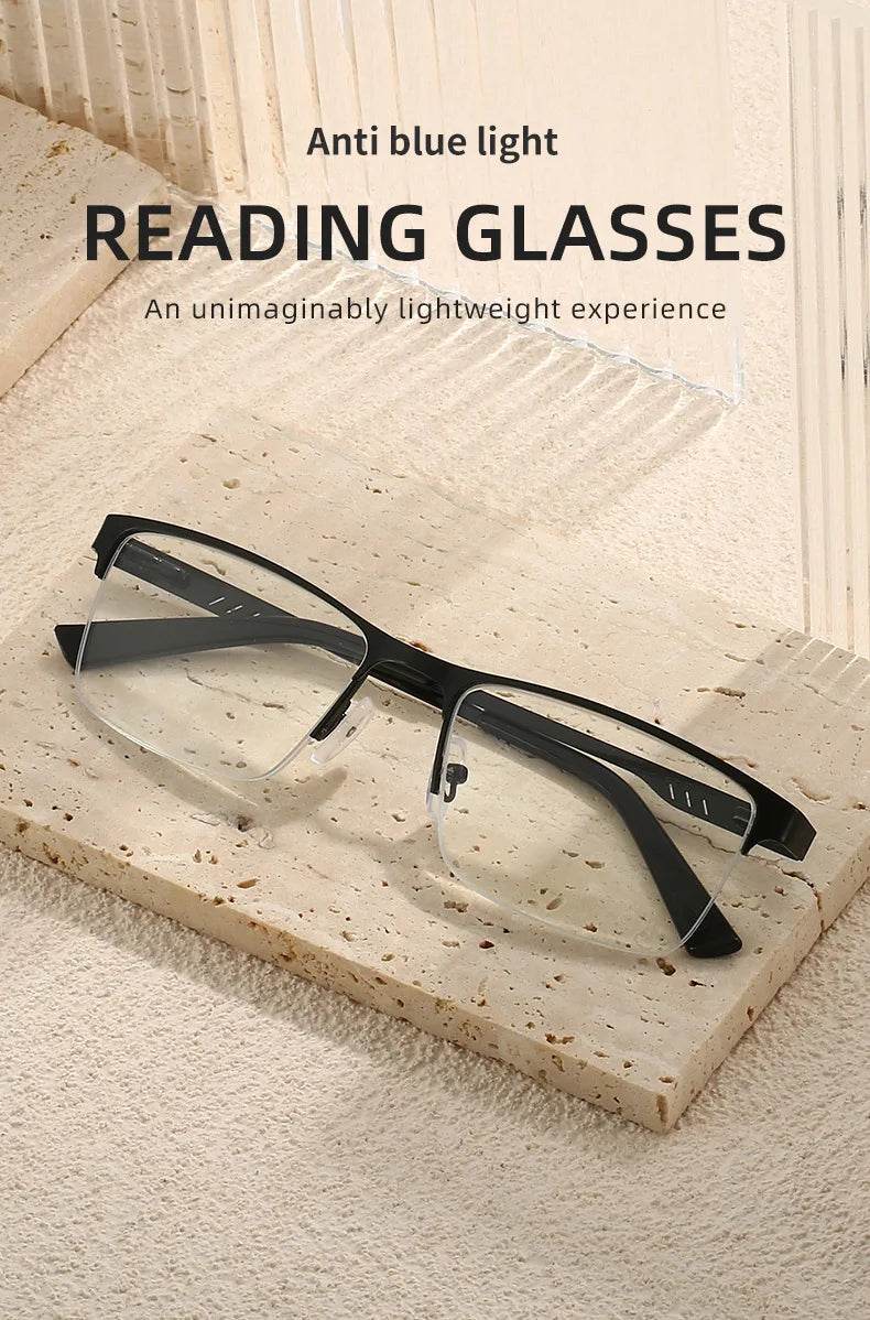 Men Square Metal Large Half Frame Reading Spring Leg Elderly Presbyopia Glasses Blue Light Blocking Eye Protection Eyeglasses - MarvelouStoree