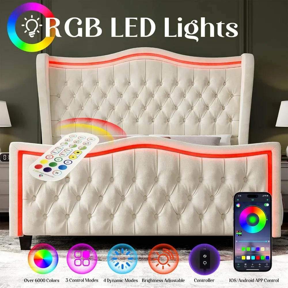 King Size Bed Frame with LED Lights, 53'' Upholstered Platform Wingback Bed with Handmade Deep Button Tufted Headboard Footboard - MarvelouStoree