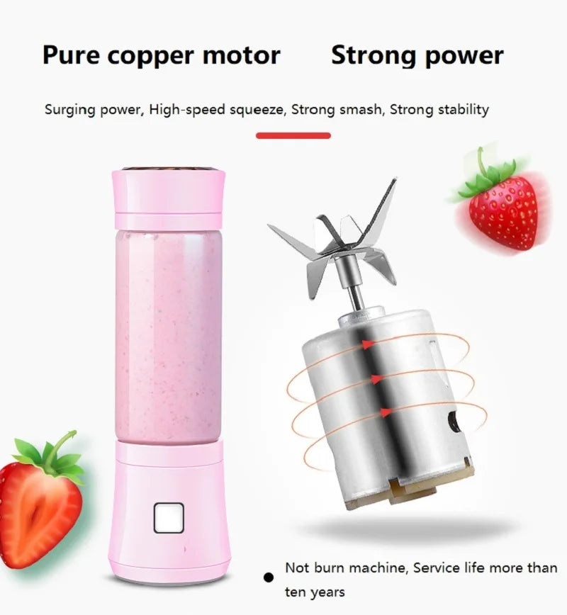 480ml Rechargeable Blender Eco-friendly Glass Bottle Juice Extractor 6 Blades Portable Fruits Mixer Grinder Juice Maker Machine