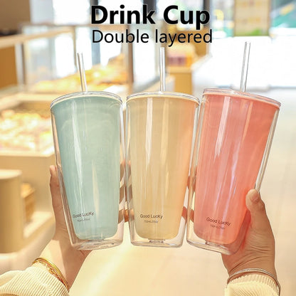 750ml Plastic Straw Cups Double-Layer with Straw Large Capacity Reusable Water Bottle for Drinking Coffee Mug Juice Milk Cup