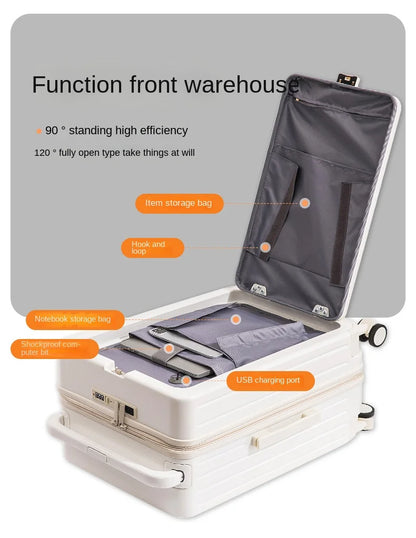 20"22"24"26 Inch Travel Suitcase Multifunctional Front Open Cover Trolley Case with Cup Holder Boarding Box Rolling Luggage