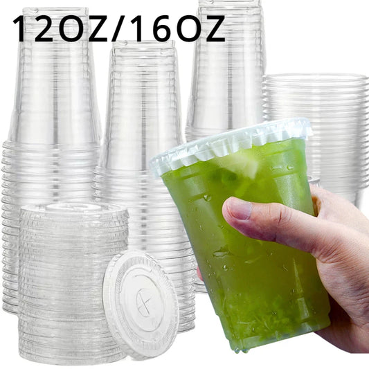 50PCS Transparent Milk Tea Cups with Lids Disposable Plastic Cups Fruit Juice Coffee Sand Ice Cream Beverage Containers