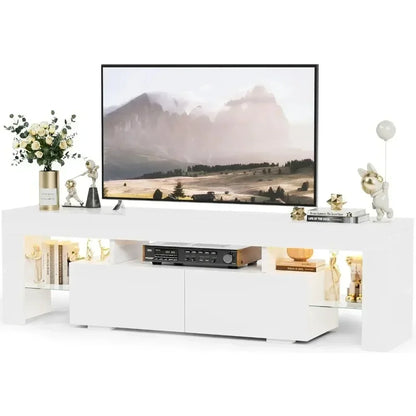 Modern LED TV Stand for Televisions up to 70 Inch with Glass Shelves and Drawer, Gaming Entertainment Center with Multiple