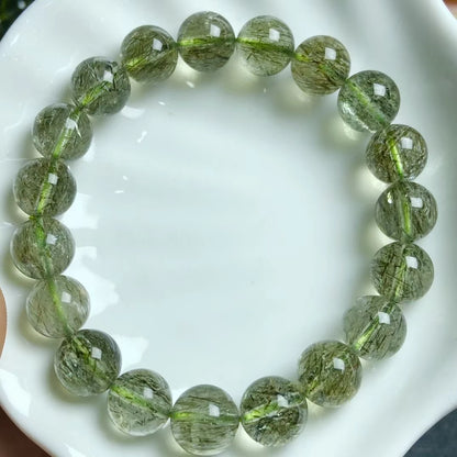 Natural Green Rutilated Quartz Tourmilated Bead Bracelet Brazil Clear Round Women Men 8mm 9mm 10mm 11mm 12mm Stone AAAAA