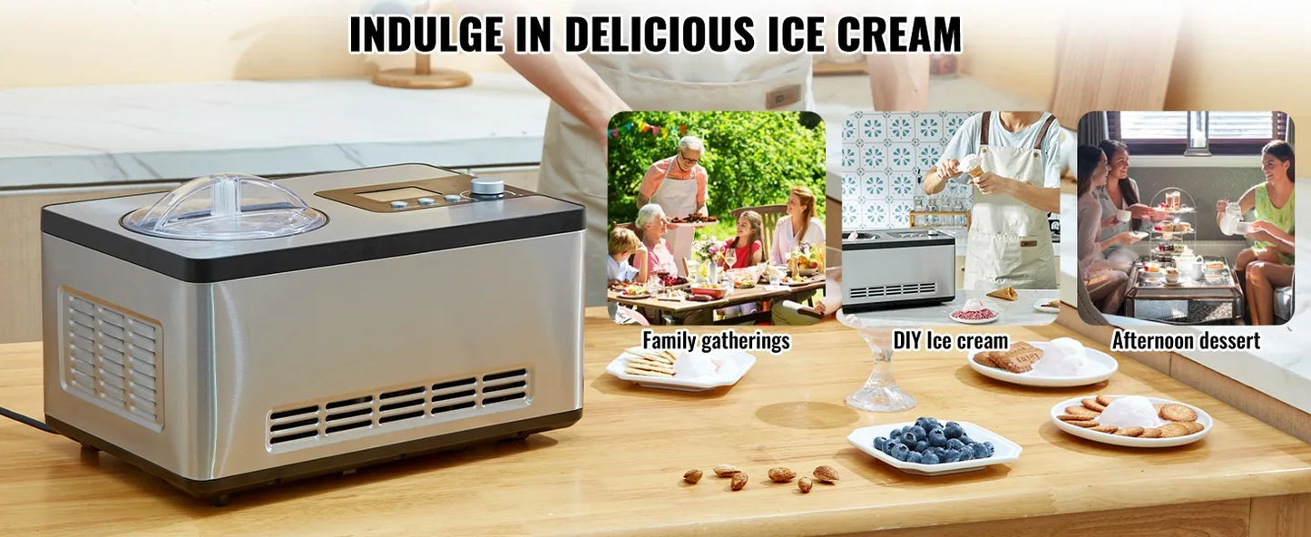 Automatic Ice Cream Maker with Built-in Compressor, 2 Quart No Pre-freezing Fruit Yogurt Machine,3 Modes with LCD Display &Timer