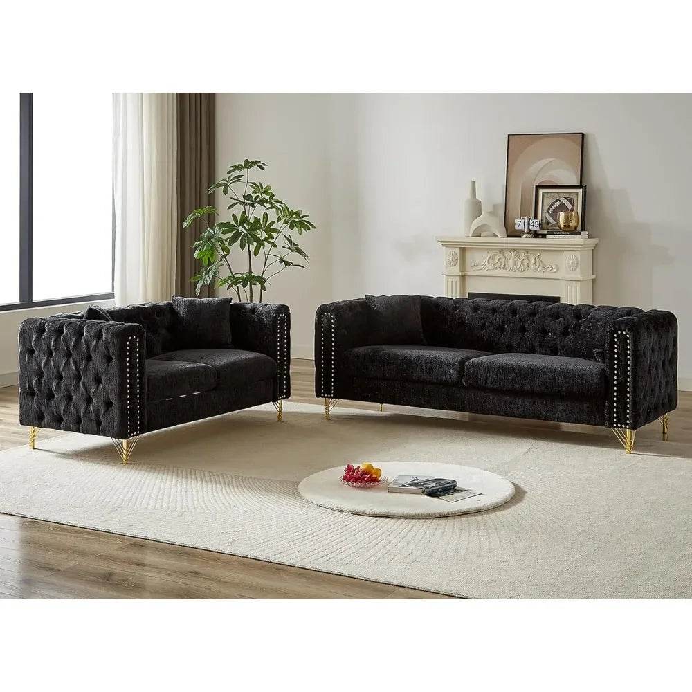 2 Pieces Chenille Living Room Furniture Sofa Couch Set,Button Tufted Comfy Couch with Nailhead Trim&Metal Legs - MarvelouStoree