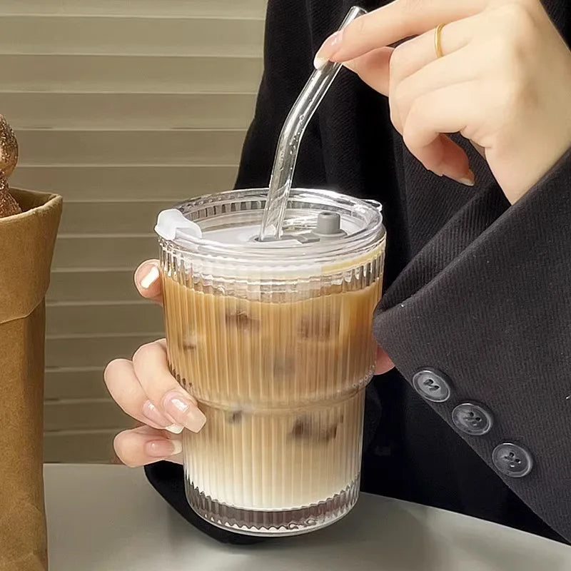 450ml Stripe Coffee Glass Cup With Lid and Straw Transparent Glasses Tea Cup Juice Glass Milk Mocha Cups Breakfast Mug Drinkware