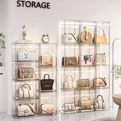 3 Pack Clear Acrylic Handbag Storage Organizer Case with Magnetic Door Stackable Dustproof Easy Assembly Closet Purse Display