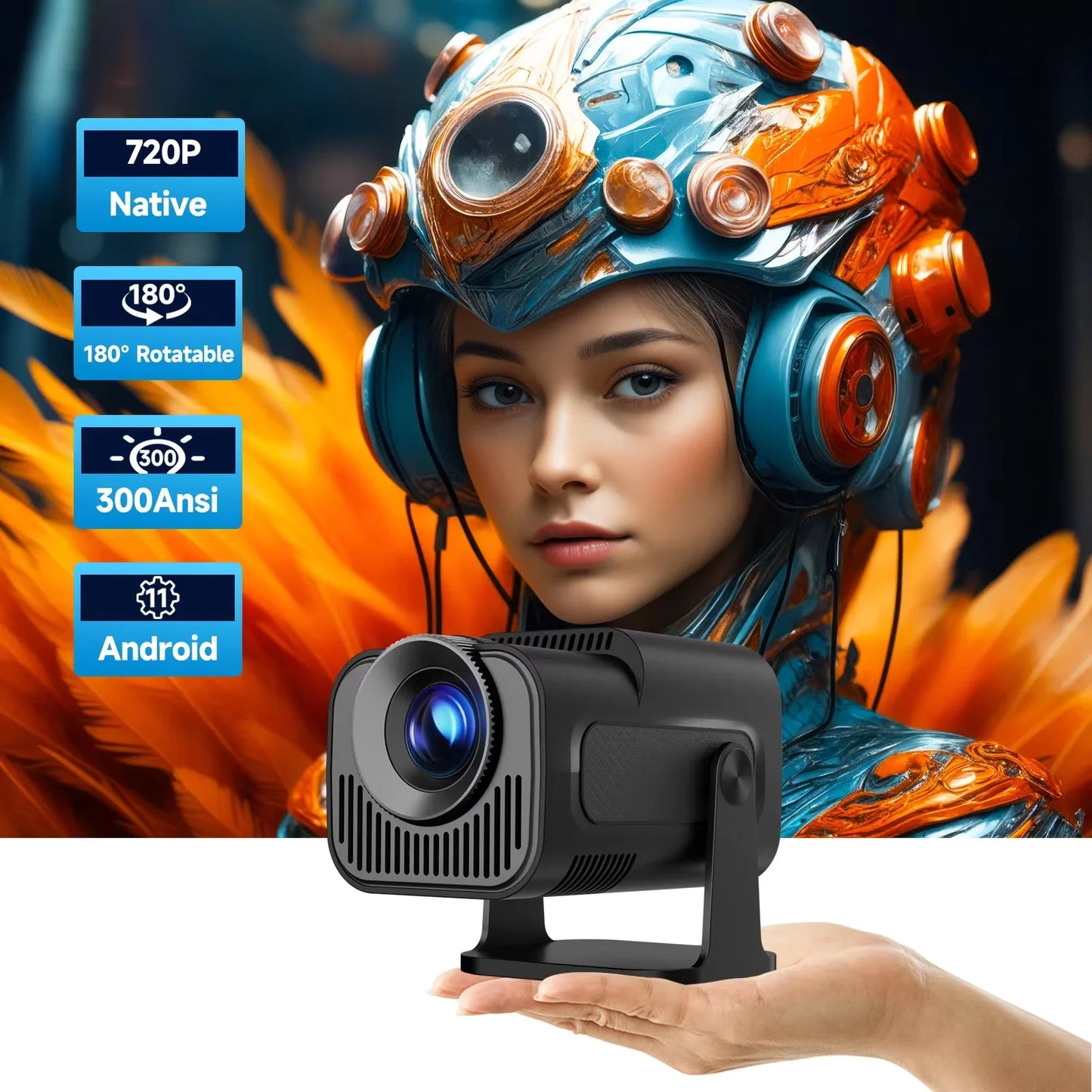 HY320 Mini Newly Native 720P Android 11 4K Projector 300ANSI Wifi6 BT5.0 Cinema Outdoor Portable 180° Rotable Projector