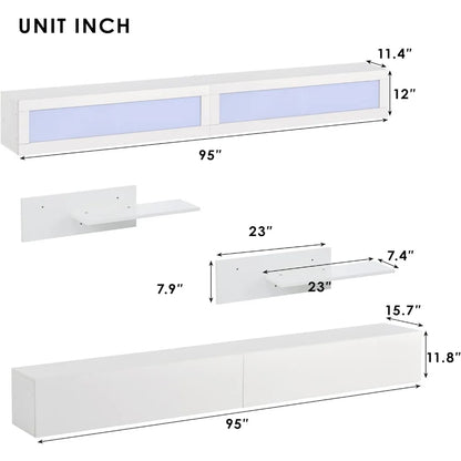 Wall Mount Floating TV Stand with Four Media Storage Cabinets and Two Shelves, 95+ Inch Television, 16-Color RGB LED Lights