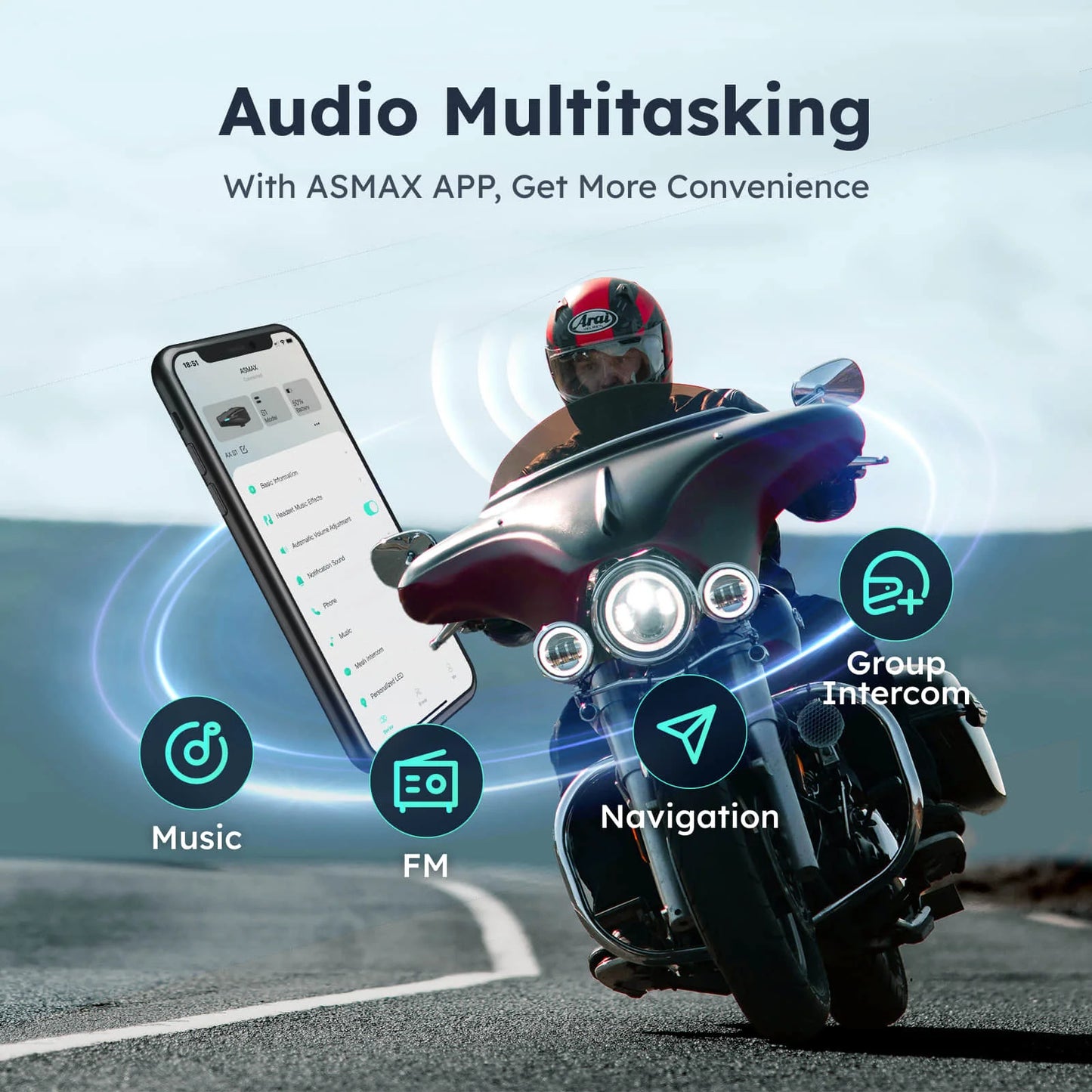 ASMAX S1 Bluetooth Motorcycle Intercom with FM Radio, Noise Cancellation, Waterproof, 8 Riders Interphone Helmet Headset