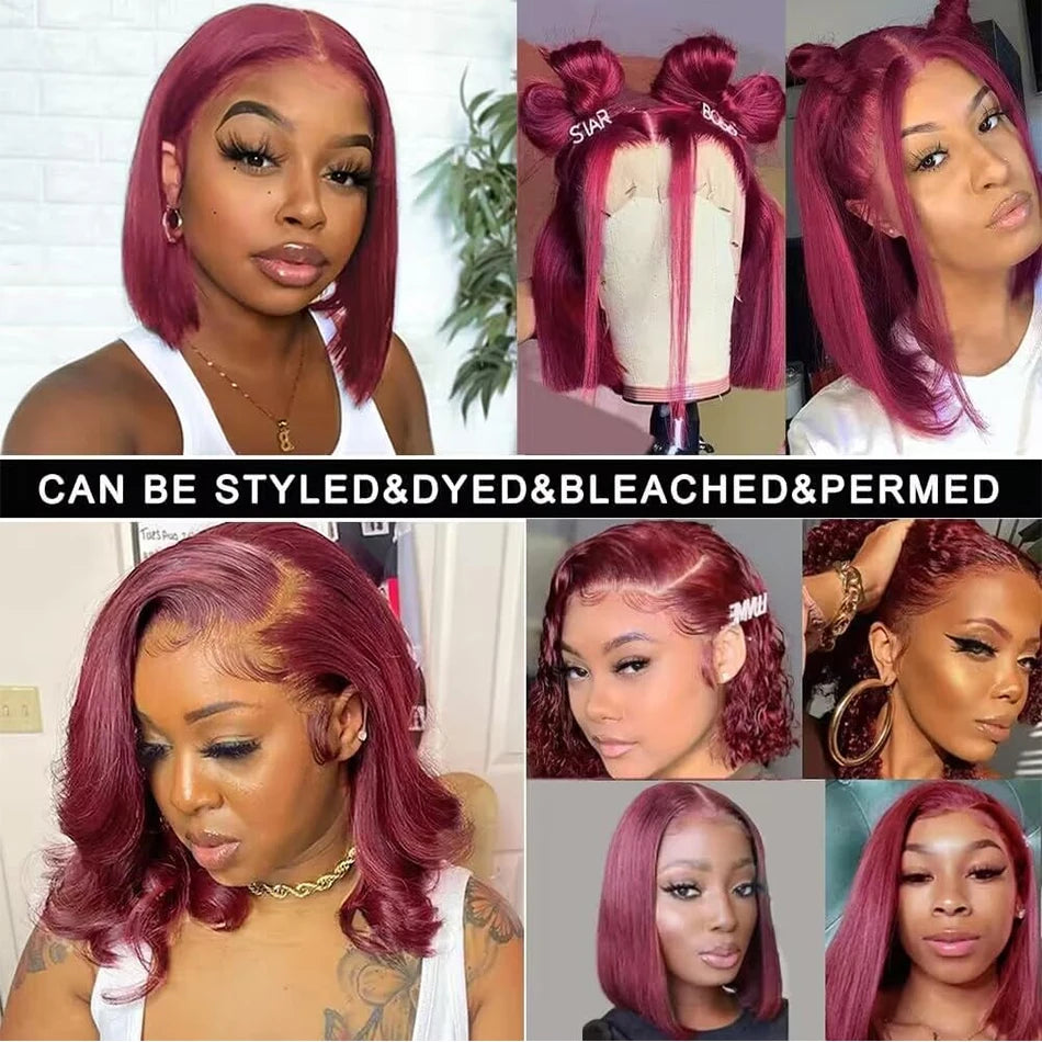 99J Burgundy Straight Bob Wigs Wear and Go Glueless Wigs 13x4 Lace Front Human Hair Wigs Pre Cut No Glue For Women Red Colored