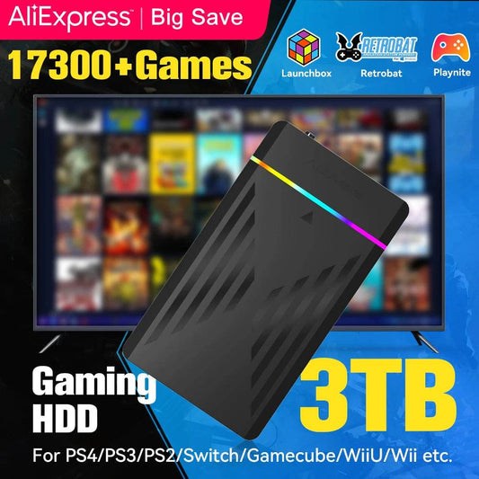 3TB Portable Gaming HDD LaunchBox/Retrobat/Playnite Retro Game Console with 17300+ AAA/3D/Retro Games for PS4/PS3/PS2/Switch/Wii - MarvelouStoree